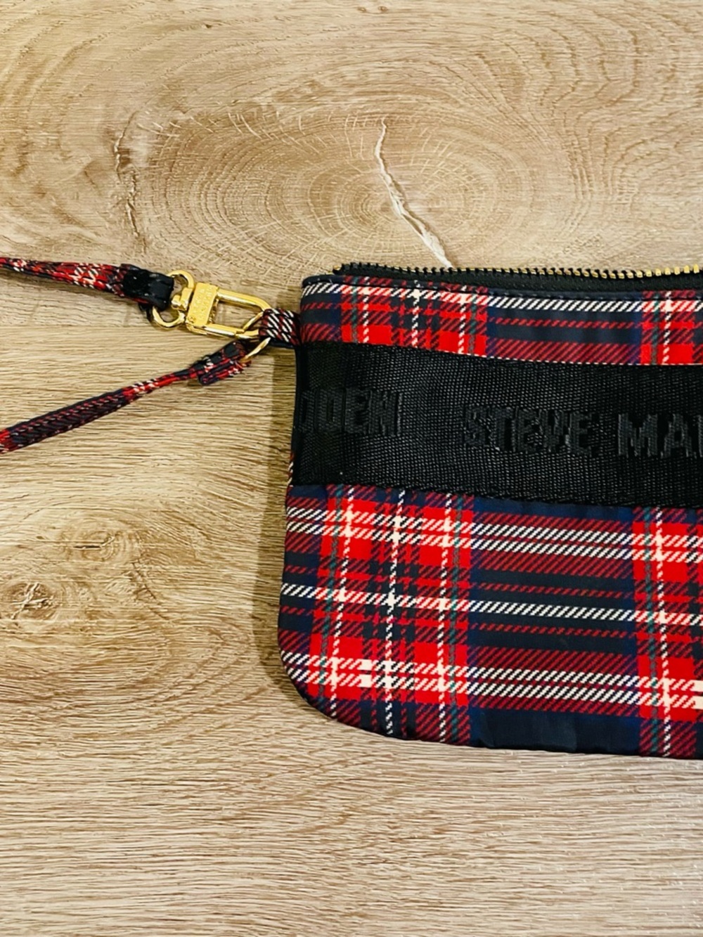 Steve Madden Red and Navy Plaid Wristlet Pouch